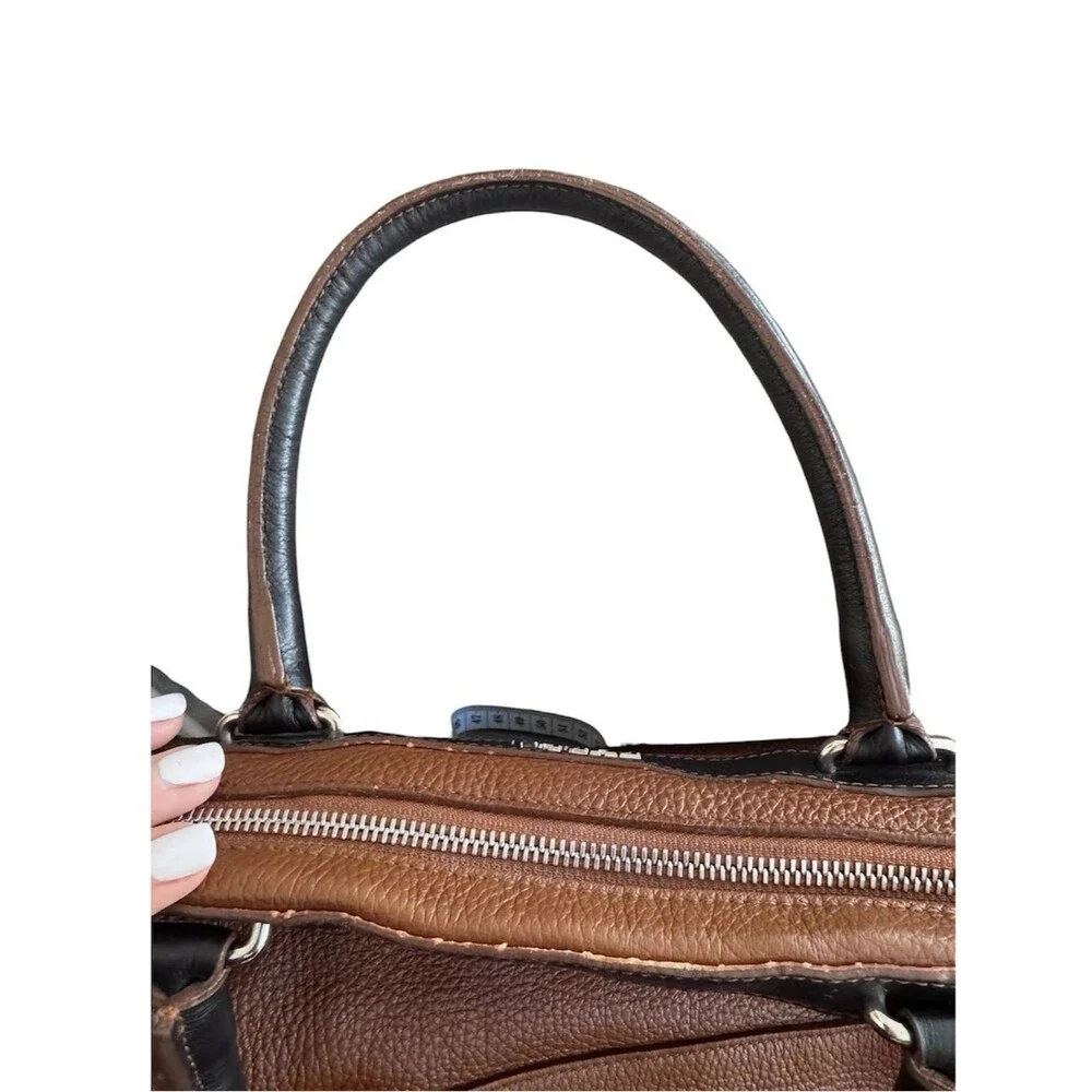 Furla Pebbled Leather Satchel Cognac Brown Black Colorblock Bowling Tote Bag Y2K